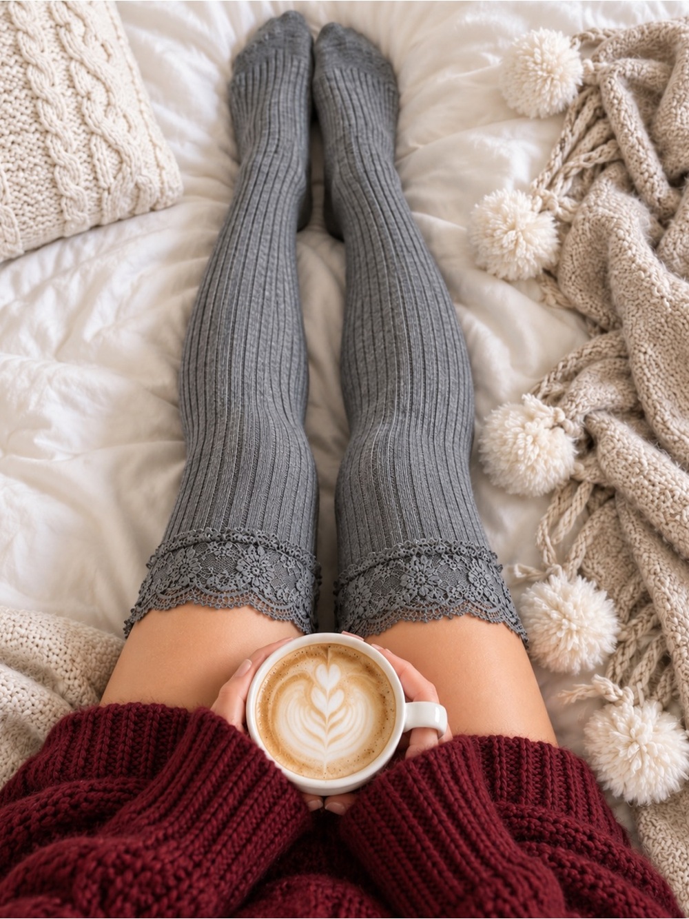Gray Ribbed Thigh-High Socks w/ Lace Trim Cozy Cottagecore